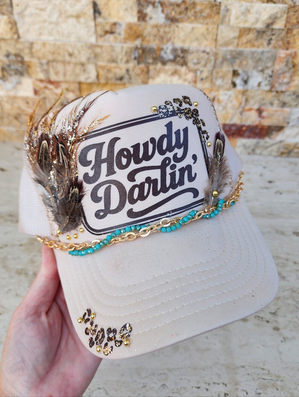 Handmade Glitter Otto Trucker Hat Hello Darlin Feathers Western One Of A Kind